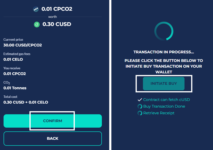 Buy Summary screen on the left, and Buy Processing screen on the right