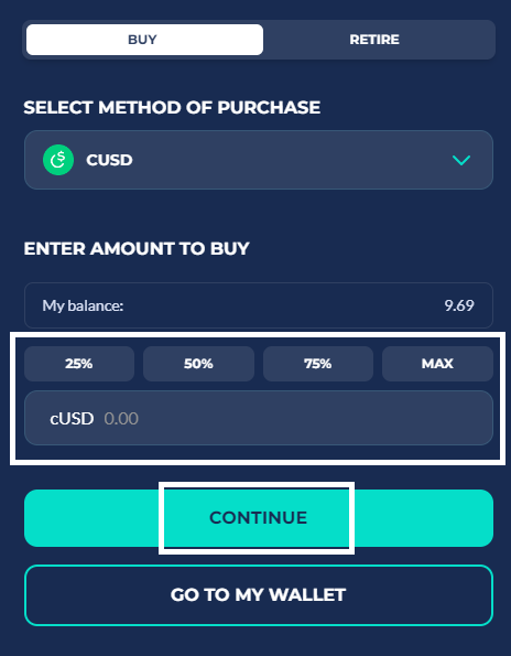 Buy Input screen using cUSD