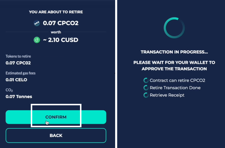 Retire Summary screen on the left, and Retire Processing screen on the right