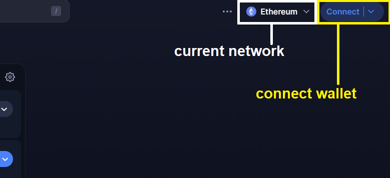 Upper right portion with current network and connect wallet